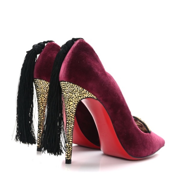 Christian Louboutin Hot Chick Kiss Velvet Burgundy Crystal Heel Pump Tassel Rare - Picture 13 of 13